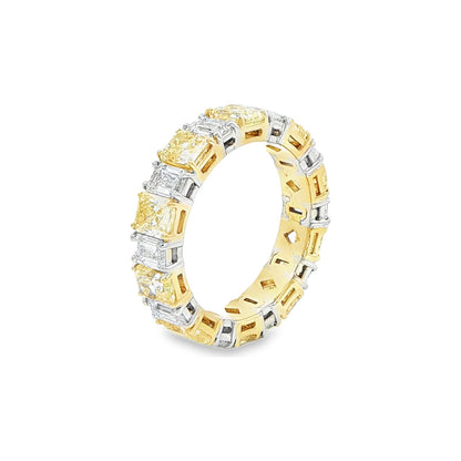 5.77 CT. Alternating Radiant Cut Fancy Yellow Diamond and Emerald Cut Diamond Eternity Band in 18K Yellow Gold and Platinum view 3
