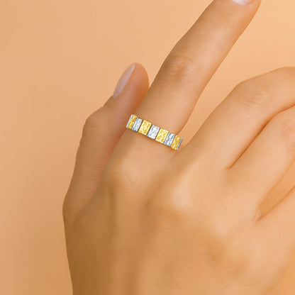 5.77 CT. Alternating Radiant Cut Fancy Yellow Diamond and Emerald Cut Diamond Eternity Band in 18K Yellow Gold and Platinum styled view