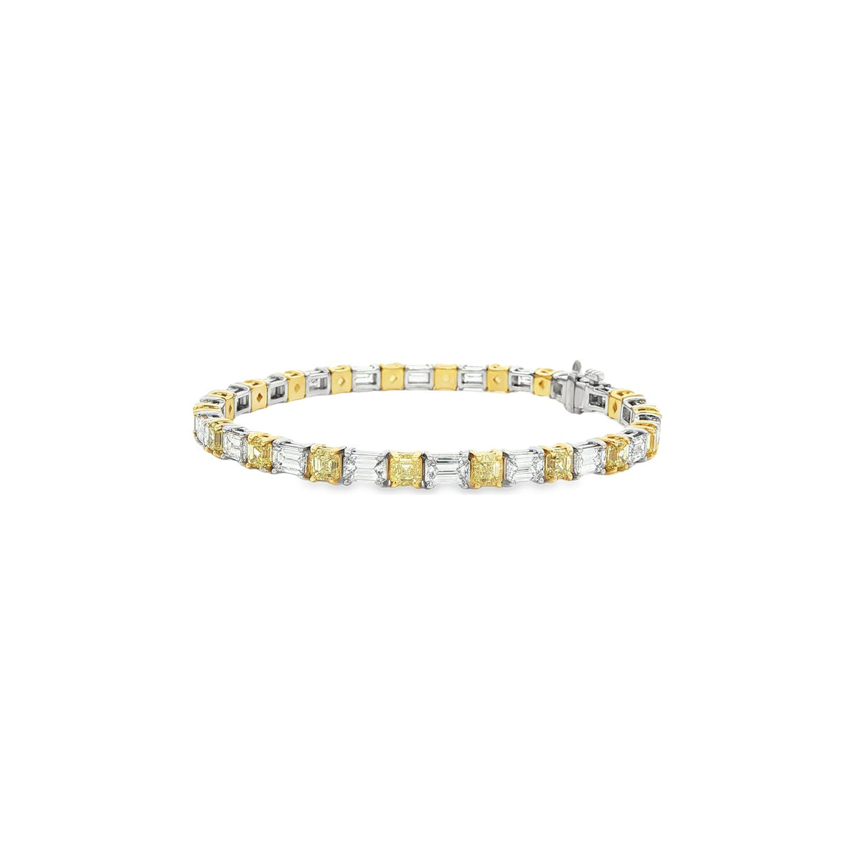 9.92 CT. Asscher Cut Fancy Intense Yellow Diamond and Emerald Cut Diamond Tennis Bracelet in 18K Yellow and White Gold
