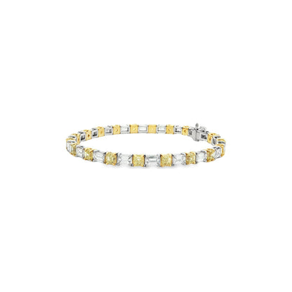 9.92 CT. Asscher Cut Fancy Intense Yellow Diamond and Emerald Cut Diamond Tennis Bracelet in 18K Yellow and White Gold