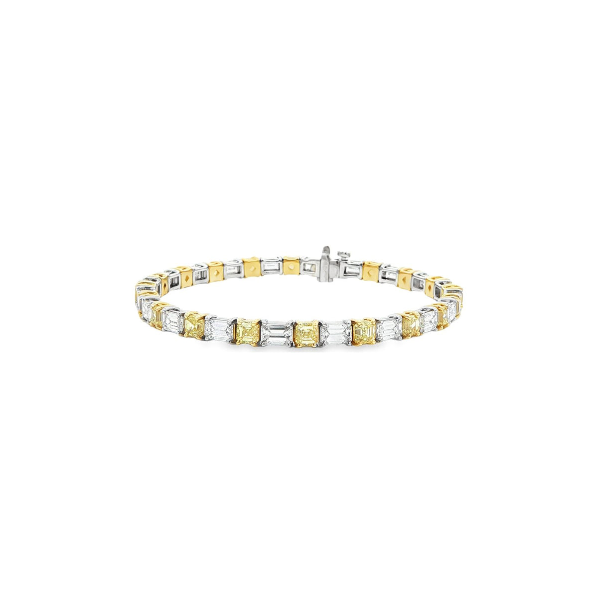 9.92 CT. Asscher Cut Fancy Intense Yellow Diamond and Emerald Cut Diamond Tennis Bracelet in 18K Yellow and White Gold view 3