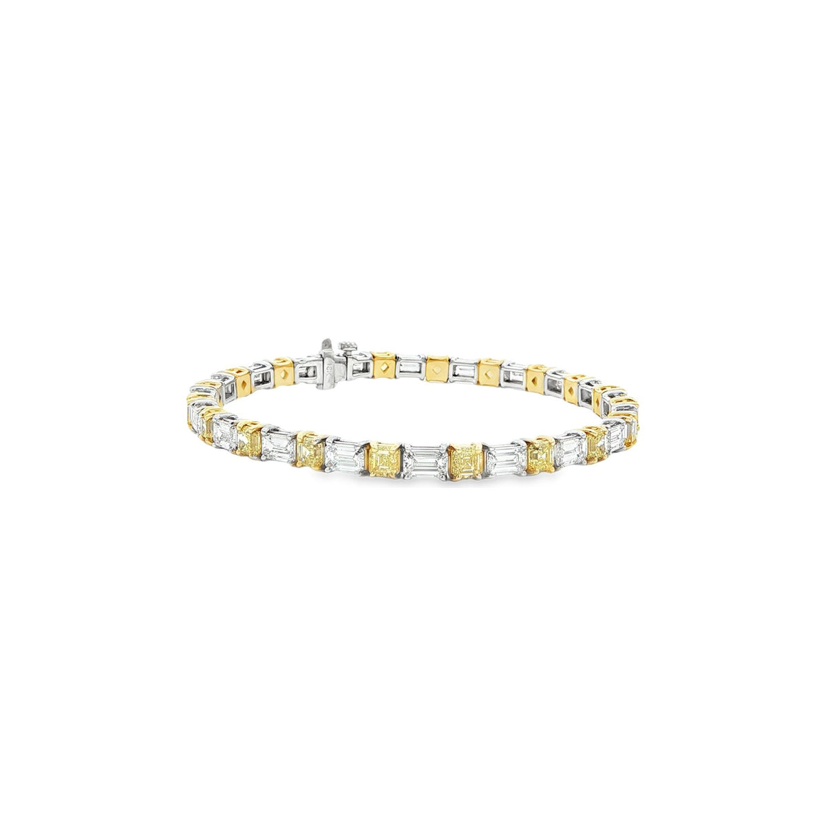 9.92 CT. Asscher Cut Fancy Intense Yellow Diamond and Emerald Cut Diamond Tennis Bracelet in 18K Yellow and White Gold view 4