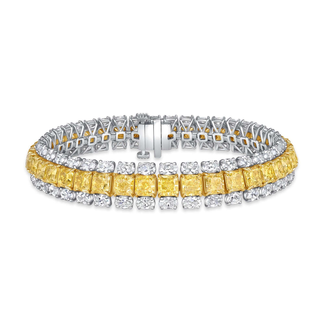 30.46 CT. Radiant and Oval Cut Fancy Yellow Three-Row Diamond Tennis Bracelet - Tennis Bracelet