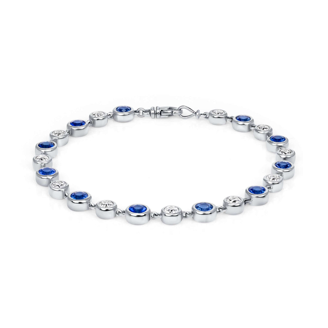 4.92 CT. Alternating Round Brilliant Blue Sapphire and Diamond Clasp Bracelet in Bezel Setting - Clasp Bracelet