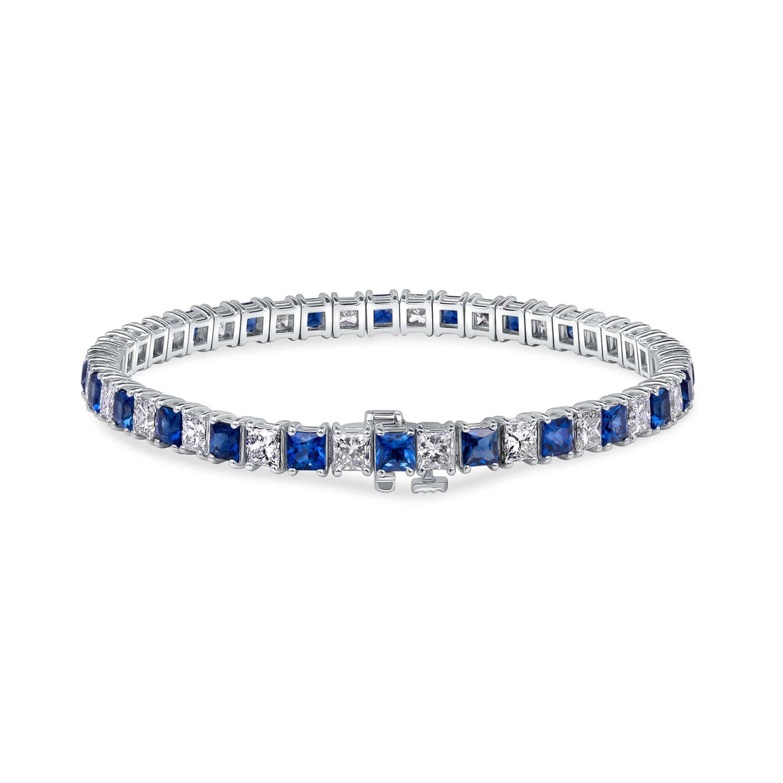 11.26 CT. Alternating Princess Cut Blue Sapphire and Diamond Tennis Bracelet in 14K White Gold - Tennis Bracelet