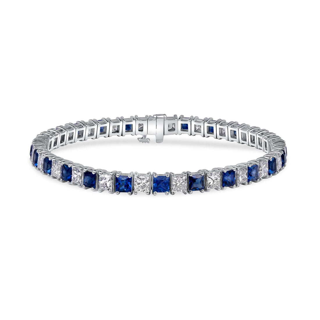 11.26 CT. Alternating Princess Cut Blue Sapphire and Diamond Tennis Bracelet in 14K White Gold - Tennis Bracelet