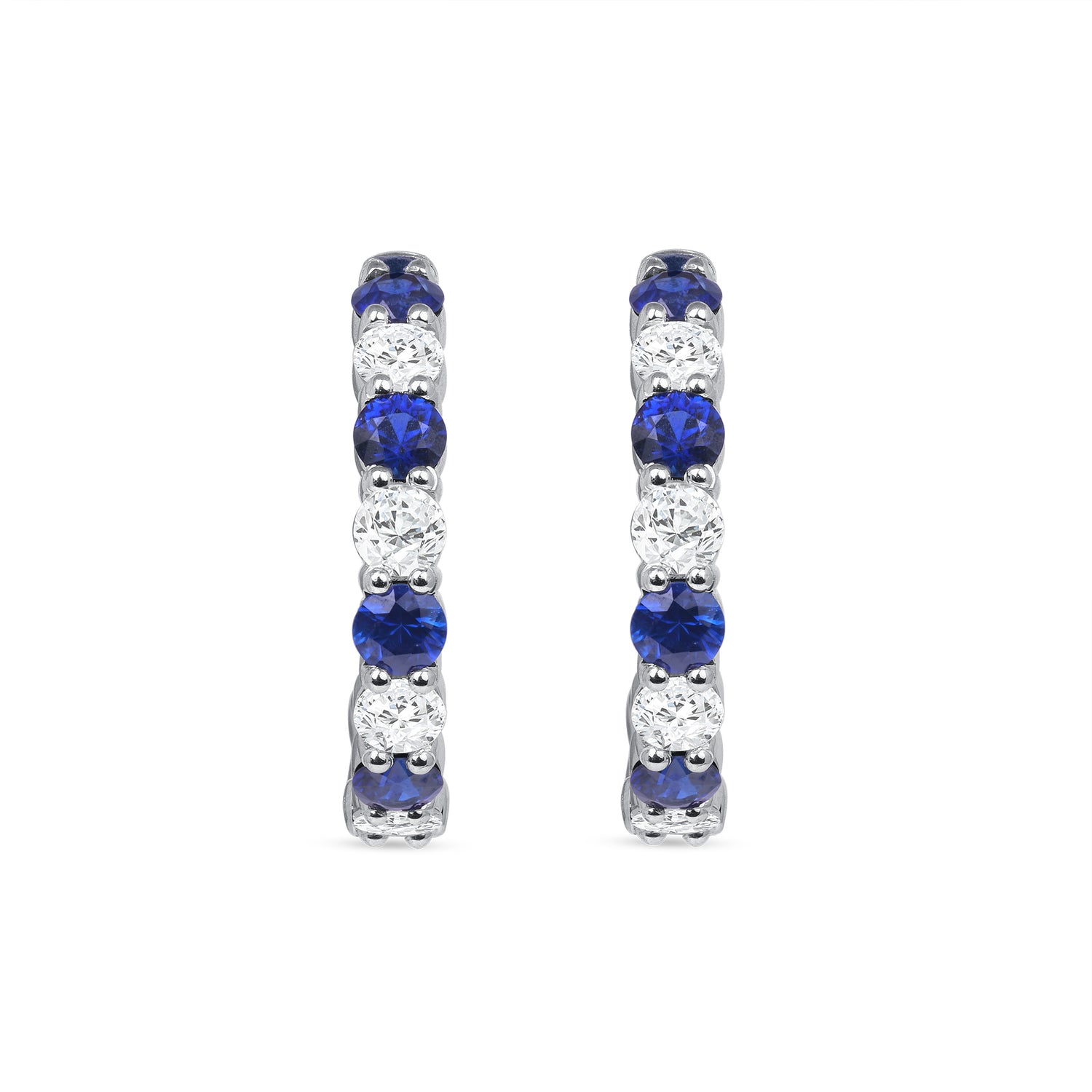 3.9 CT. Alternating Round Brilliant Blue Sapphire and Diamond Hoop Earrings in 14k White Gold