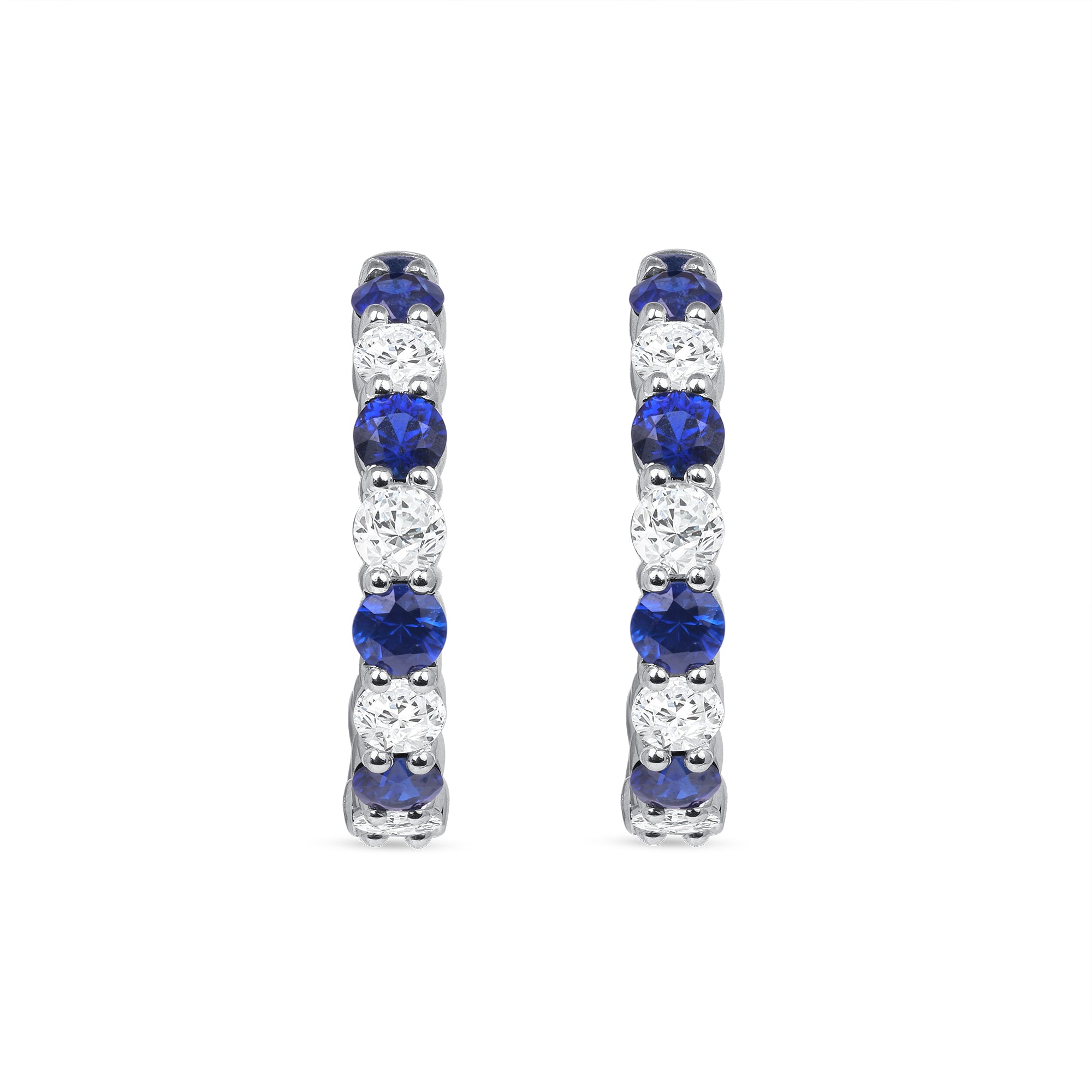 3.9 CT. Alternating Round Brilliant Blue Sapphire and Diamond Hoop Earrings in 14k White Gold