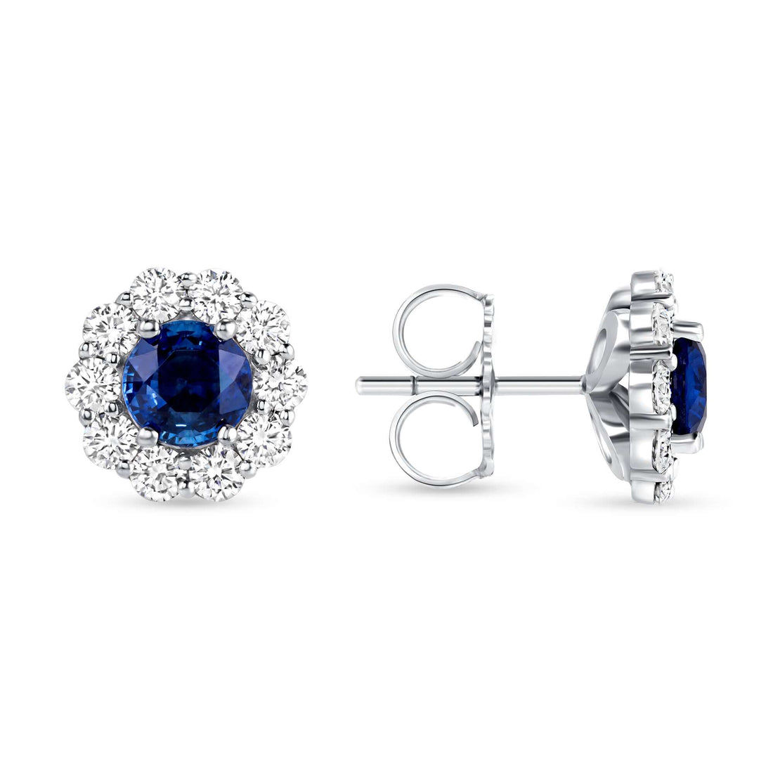 3.78 CT. Sapphire & Round Brilliant Diamond Halo Flower Stud Earrings in 14K White Gold - Stud Earring