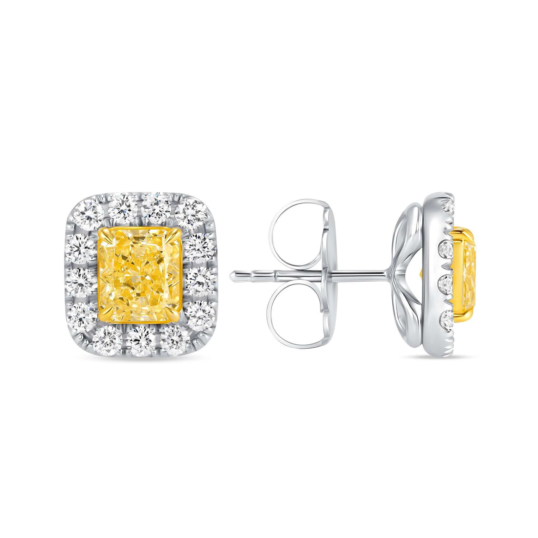 2.67 CT. Fancy Yellow Diamond & Round Brilliant Diamond Halo Stud Earrings in 14K White Gold - Stud Earring