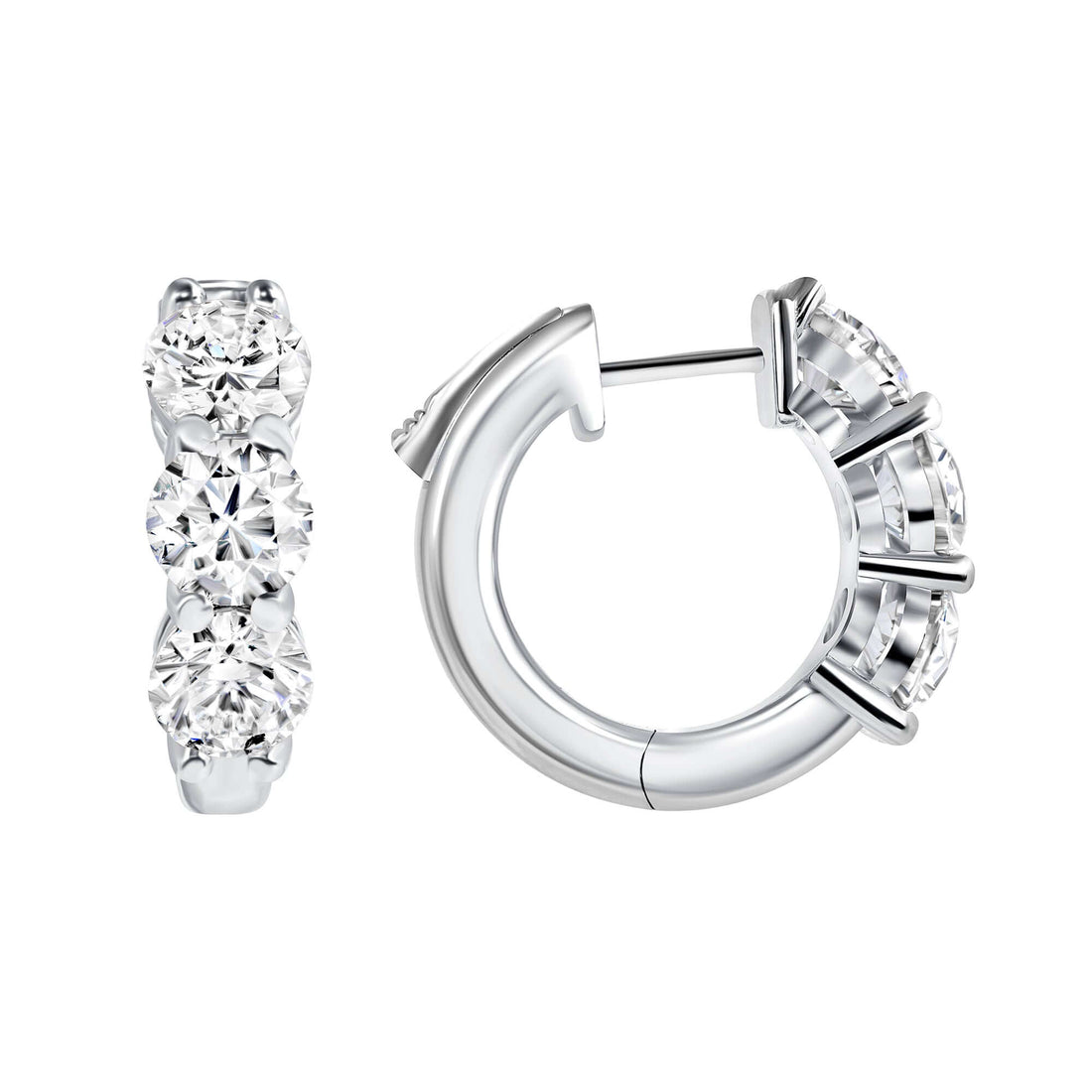 4.26 CT. Round Brilliant Three Stone Diamond Huggie Earrings in 14K White Gold - Huggie Earring