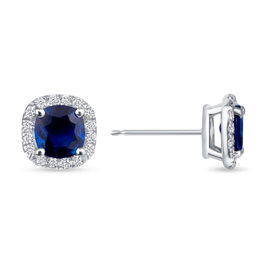 3.58 CT. Sapphire and Diamond Cushion Halo Stud Earrings - Stud Earring
