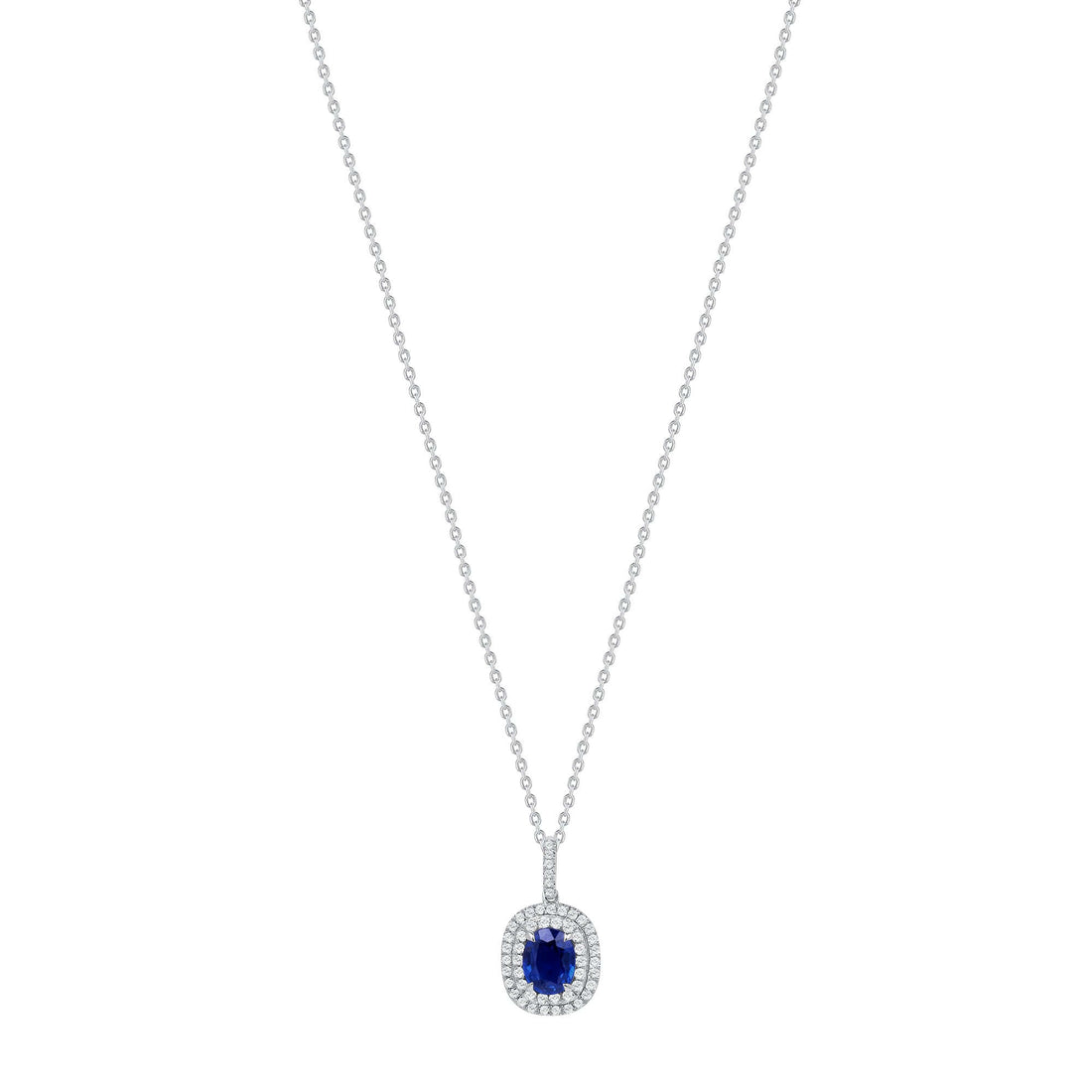2.34 CT. Oval Cut Blue Sapphire and Round Brilliant Diamond Halo Pendant Necklace in 14k White Gold - Pendant Necklace