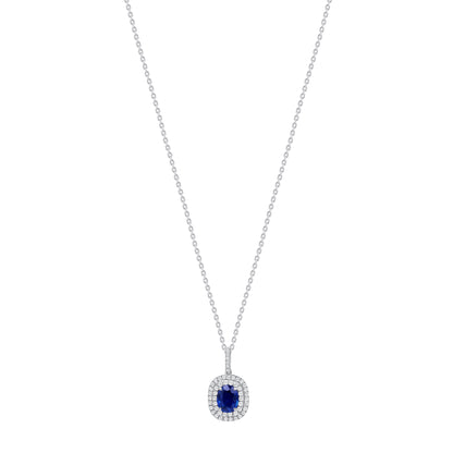 2.34 CT. Oval Cut Blue Sapphire and Round Brilliant Diamond Halo Pendant Necklace in 14k White Gold