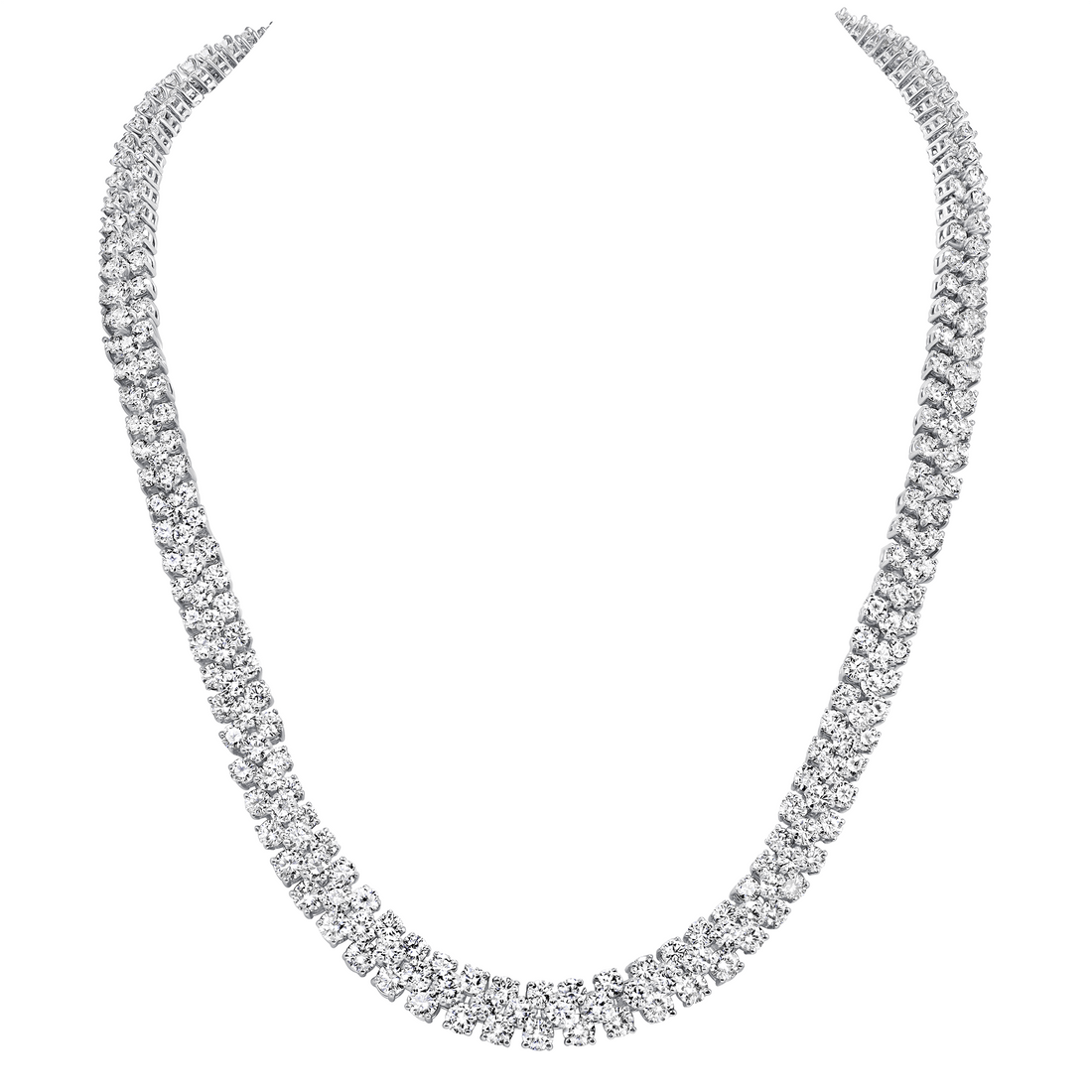 37.25 CT. Round Brilliant Diamond Stacked Tennis Necklace in 18K White Gold - Tennis Necklace