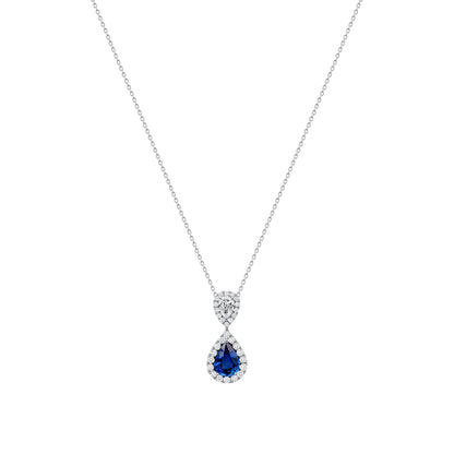 2.94 CT. Pear Cut Blue Sapphire and Diamond Pendant Necklace in 14K White Gold