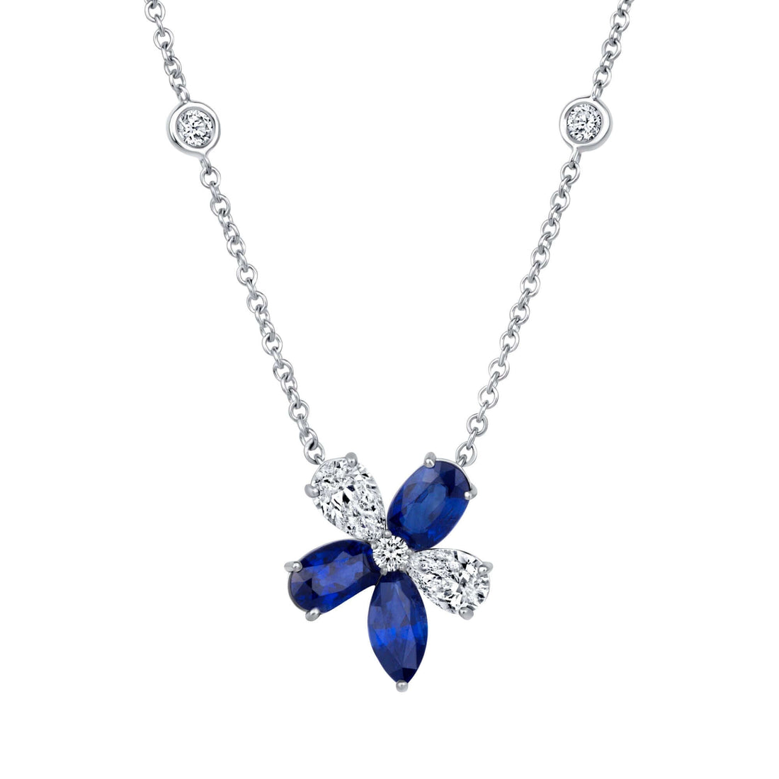 5.36 CT. Sapphire and Diamond Floral Cluster Pendant on Sapphire and Diamond Station Chain Necklace - Pendant Necklace