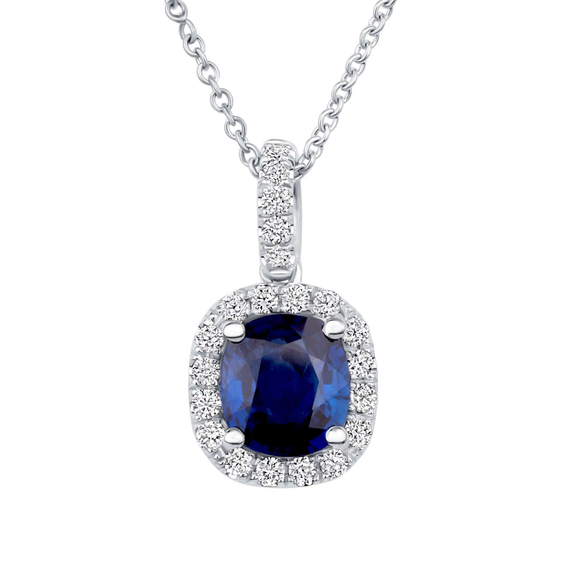 2.22 CT. Sapphire and Diamond Cushion Cut Halo Pendant on Chain Necklace - Pendant Necklace