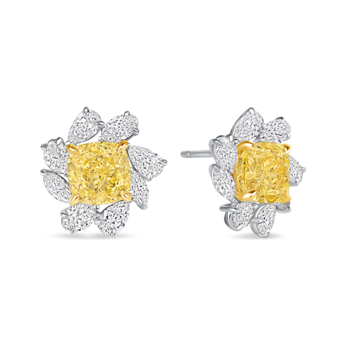 6.14 CT. Pear and Cushion Cut Fancy Yellow Diamond Flower Stud Earrings - Stud Earring