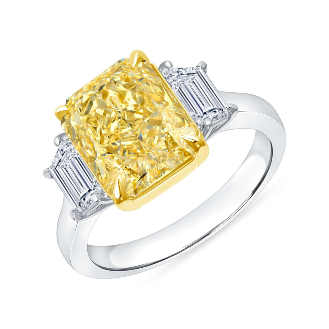4.94 CT. Radiant Cut Yellow and Trapezoid Diamond Three Stone Ring - Three Stone Ring
