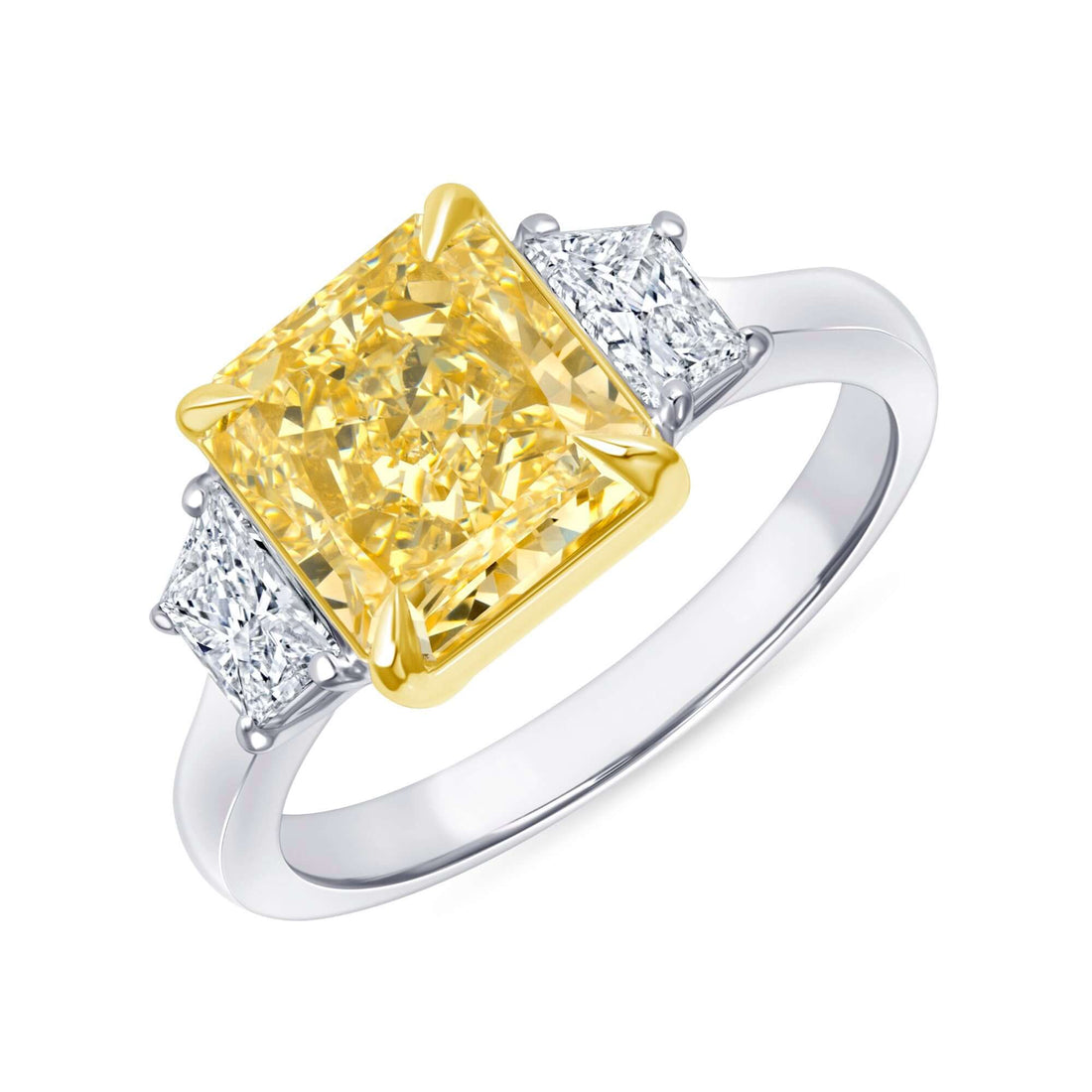 3.59 CT. Radiant Cut Yellow and Trapezoid Diamond Three Stone Ring - Three Stone Ring
