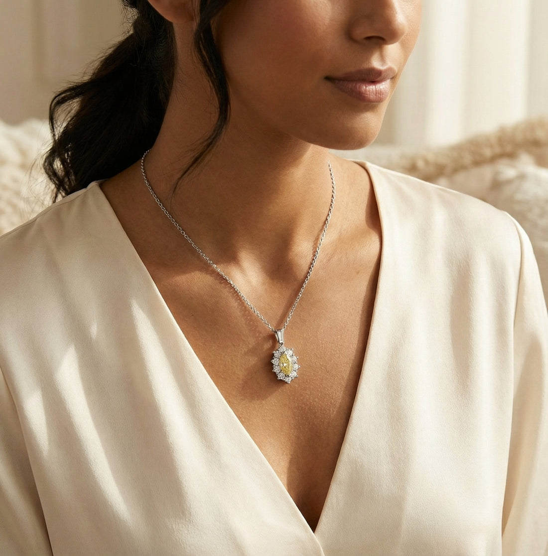 Fancy Yellow Pear Cut Diamond Pendant in 14K White Gold