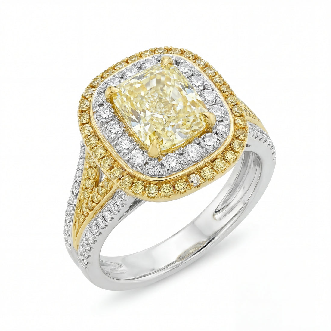 3.14 CT. Fancy Light Yellow Cushion Cut Double Halo Ring in 18K Yellow Gold and Platinum