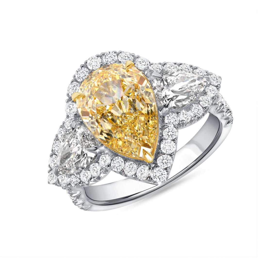 5.69 CT. Pear Yellow Diamond and Pear and Round Brilliant Diamond Ring in 18K Yellow Gold and Platinum - Three Stone Ring