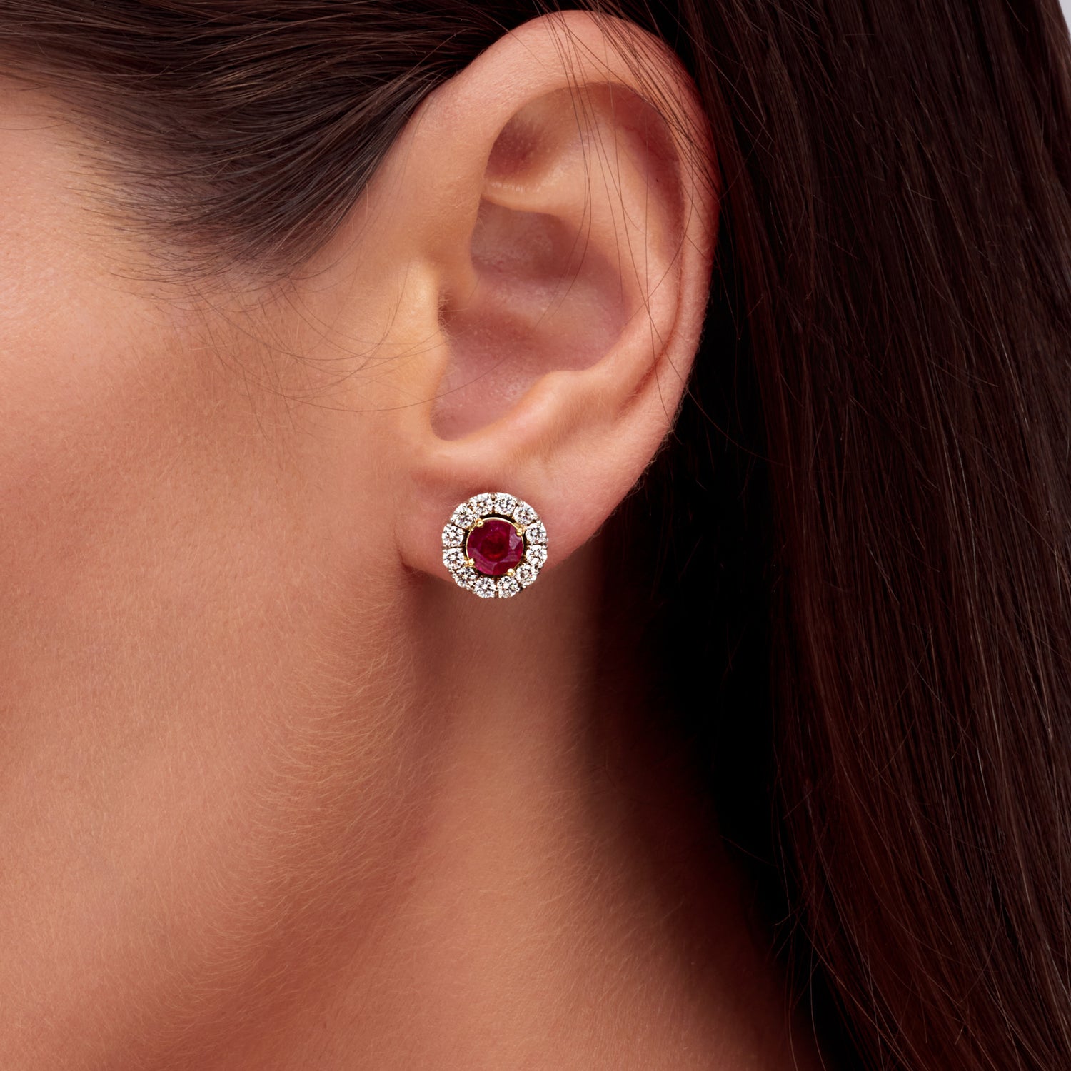 2.78 CT. Round Brilliant Ruby and Diamond Halo Stud Earrings