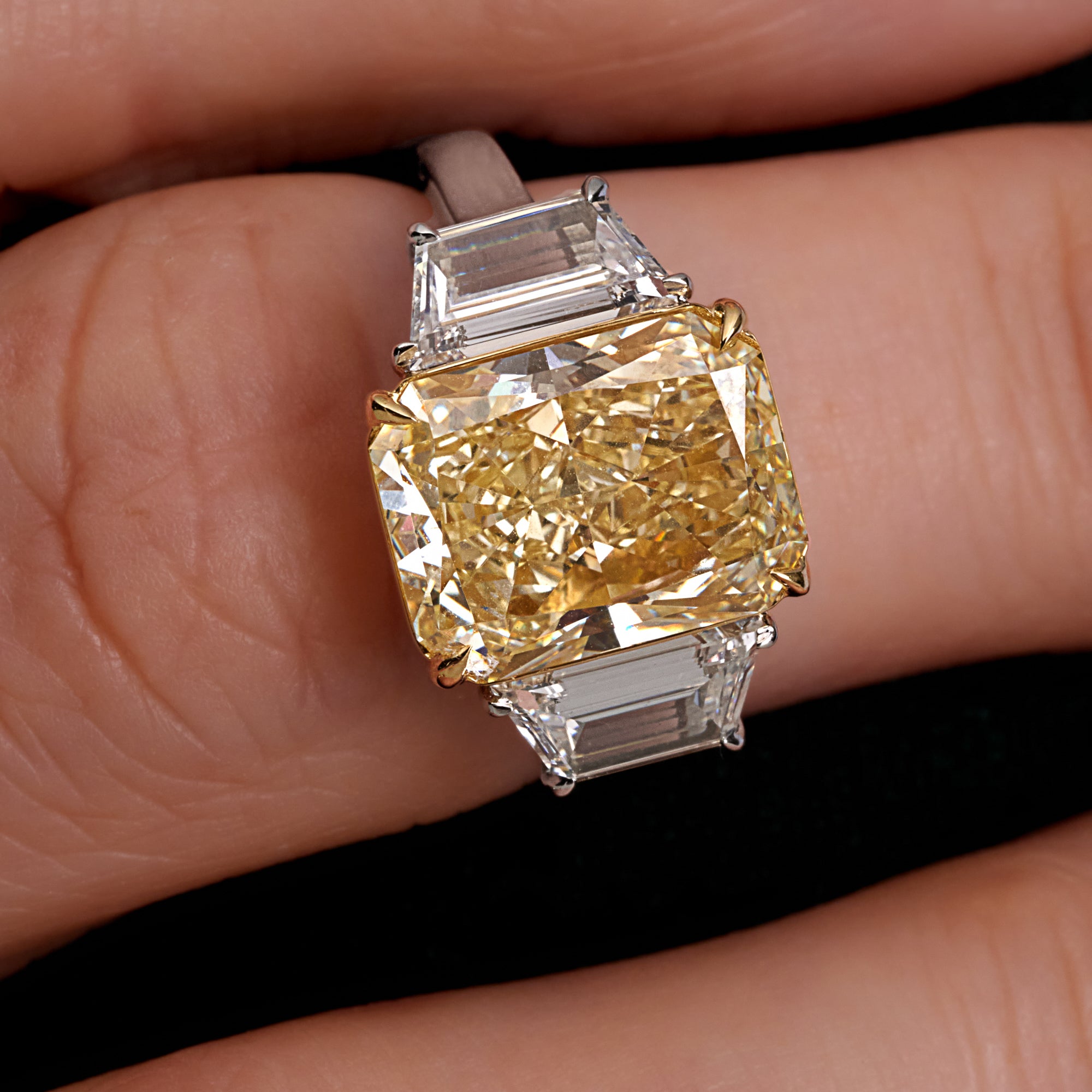 6.48 CT. Radiant Yellow Diamond and Trapezoid Diamond Three Stone Ring in 18K Yellow Gold and Platinum