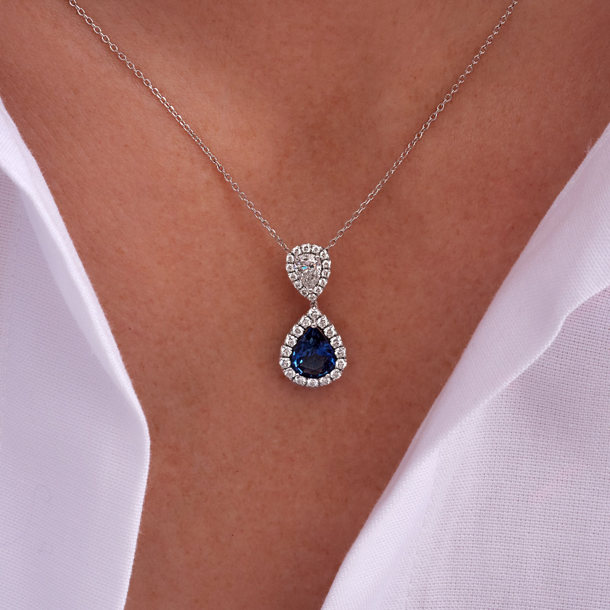 2.94 CT. Pear Cut Blue Sapphire and Diamond Pendant Necklace in 14K White Gold