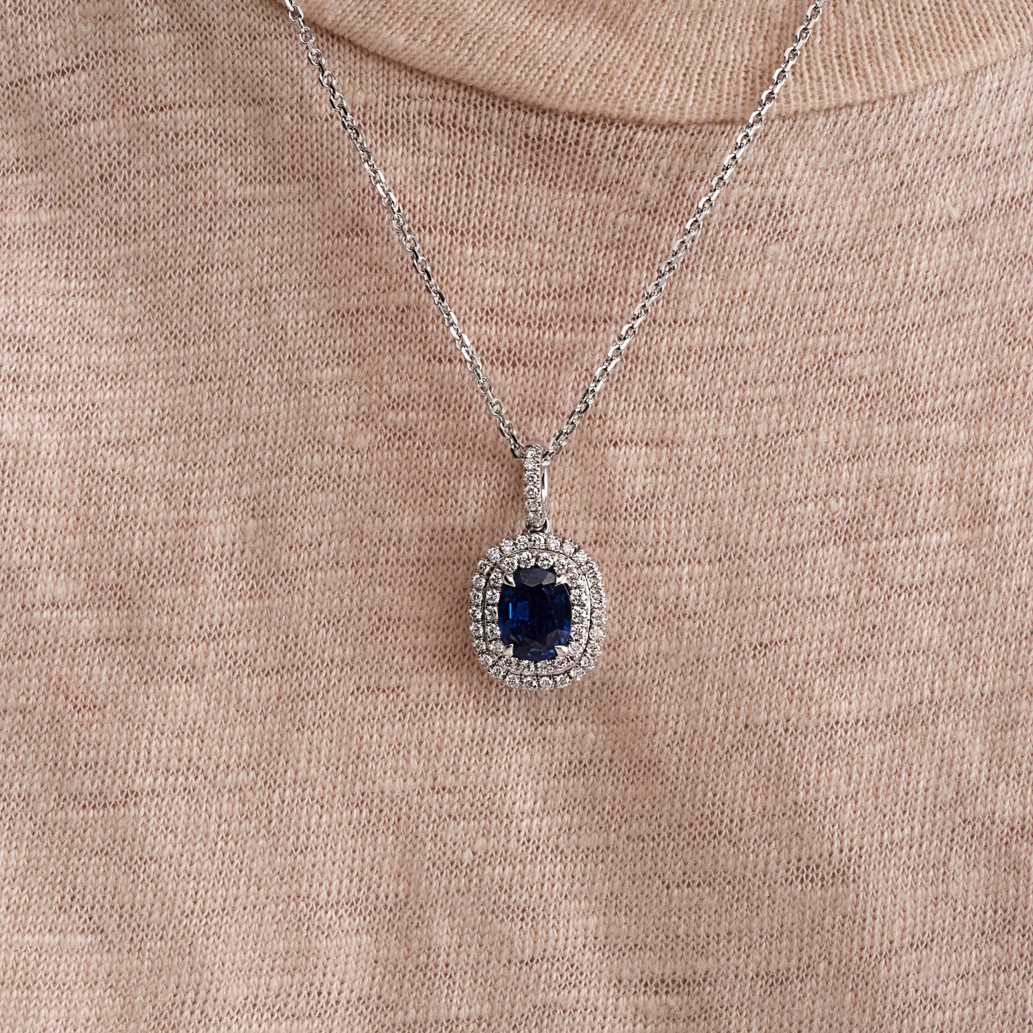 2.34 CT. Oval Cut Blue Sapphire and Round Brilliant Diamond Halo Pendant Necklace in 14k White Gold