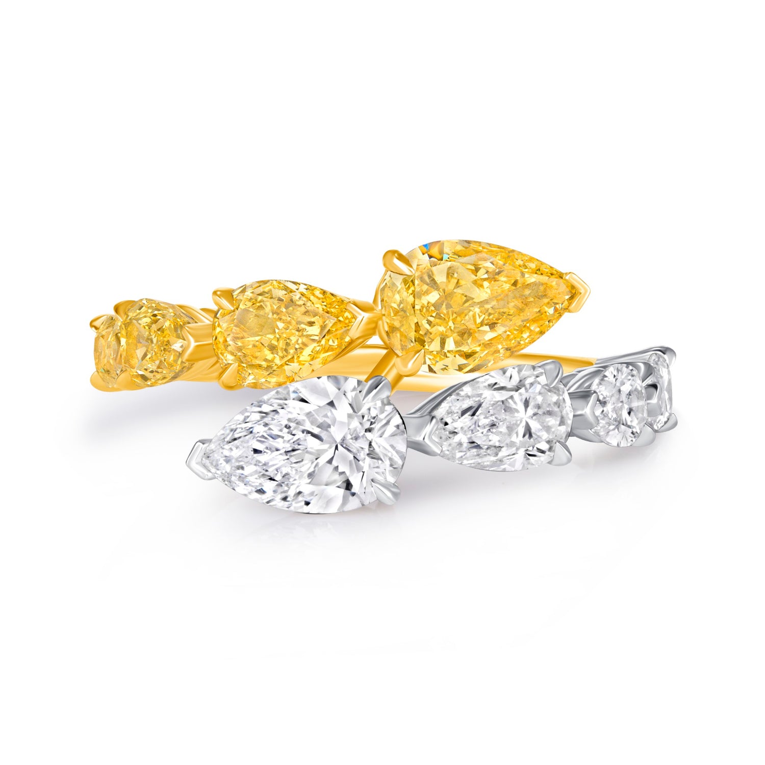 Two-Stone Yellow and White Diamond Pear-Shaped Ring in Platinum and Yellow Gold