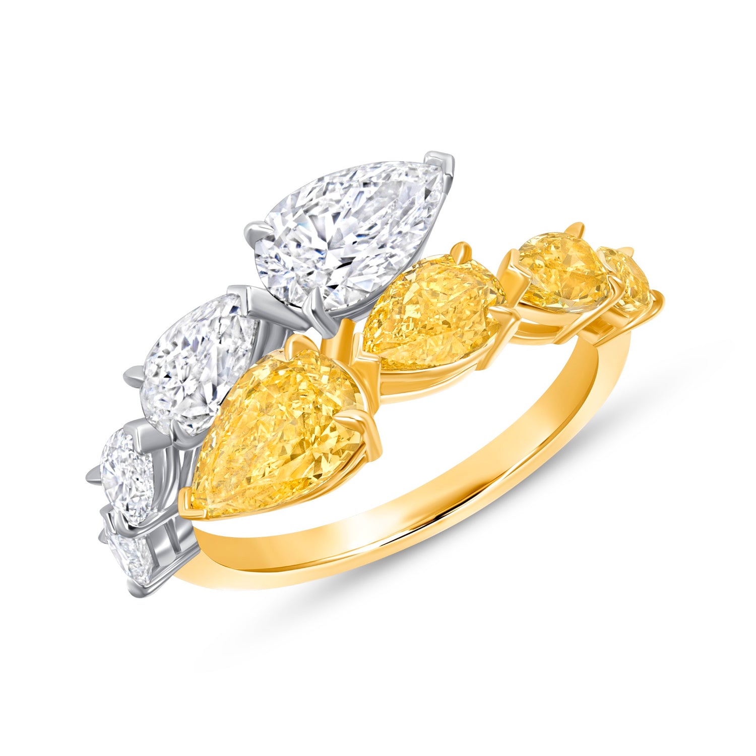 Two-Stone Yellow and White Diamond Pear-Shaped Ring in Platinum and Yellow Gold