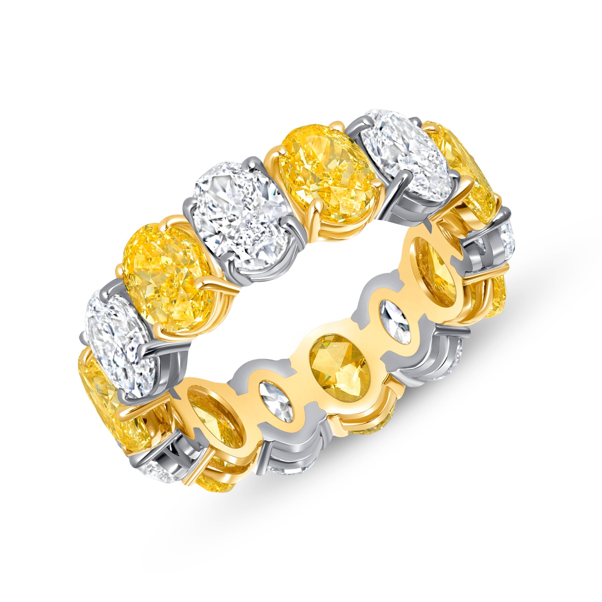 8.31 CT Alternating Fancy Yellow and White Oval Diamond Eternity Band in Platinum and Yellow Gold