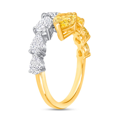 Two-Stone Yellow and White Diamond Pear-Shaped Ring in Platinum and Yellow Gold