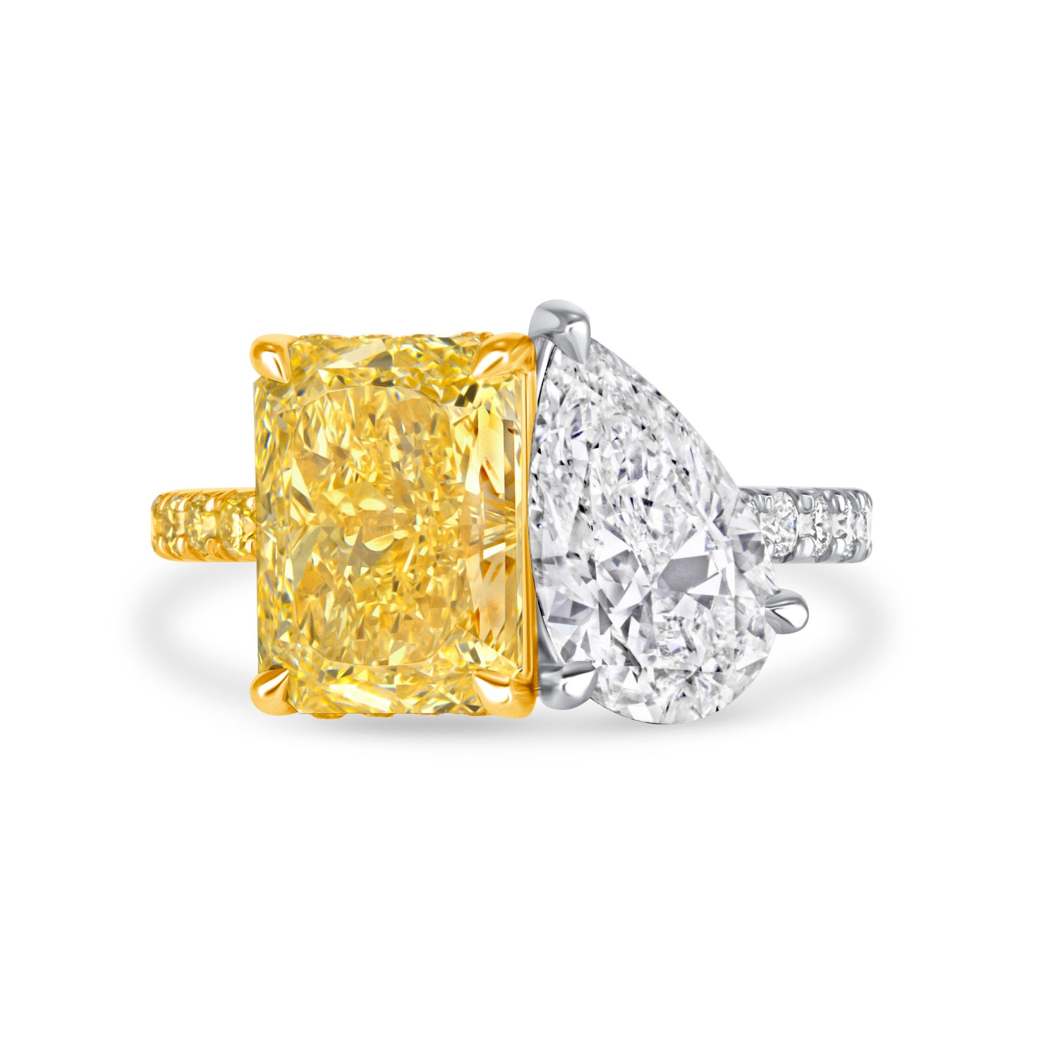 5.84 CT. Radiant Cut Fancy Yellow Diamond &amp; Pear Cut Diamond Toi et Moi Ring with Pavé Band in Yellow Gold and Platinum