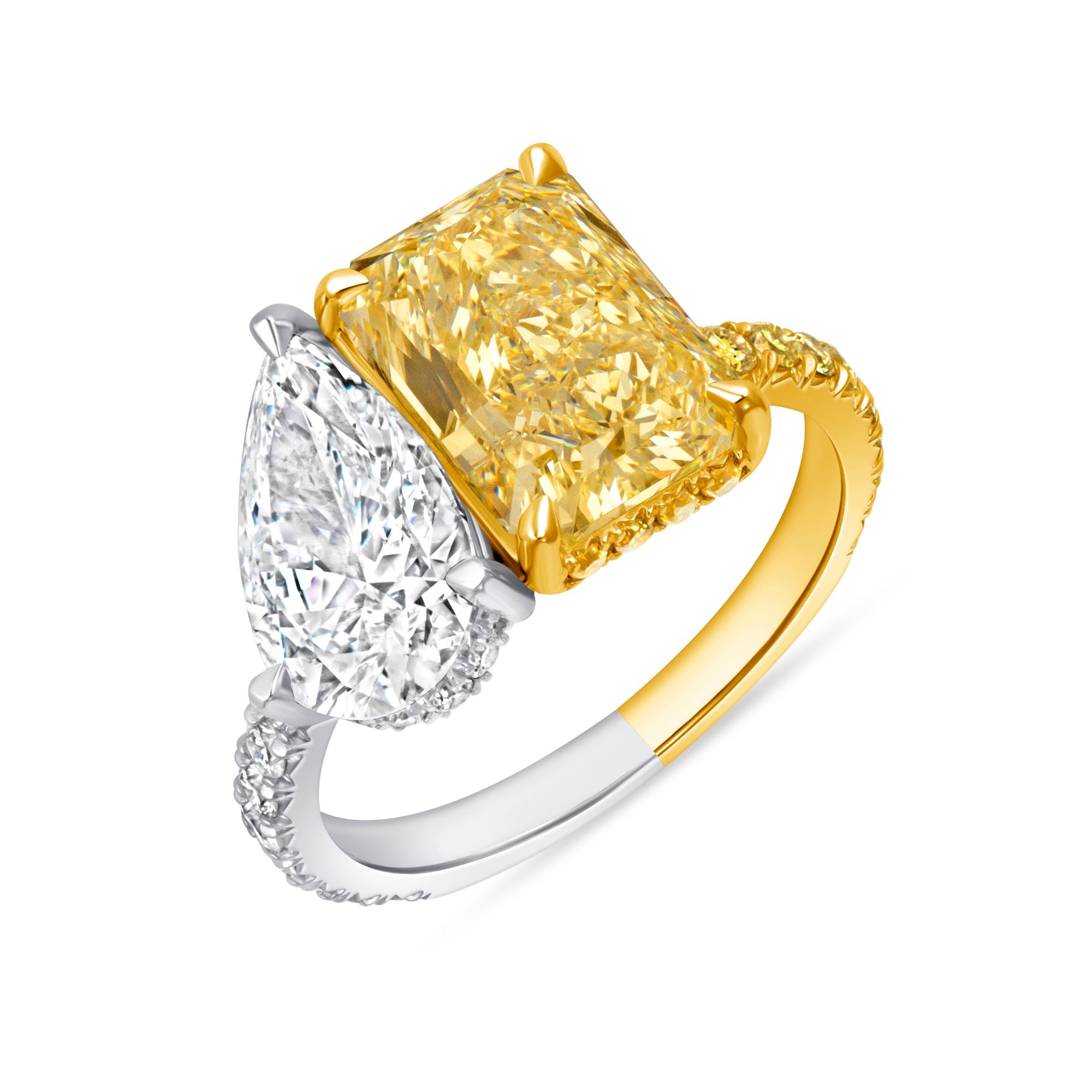 5.84 CT. Radiant Cut Fancy Yellow Diamond &amp; Pear Cut Diamond Toi et Moi Ring with Pavé Band in Yellow Gold and Platinum