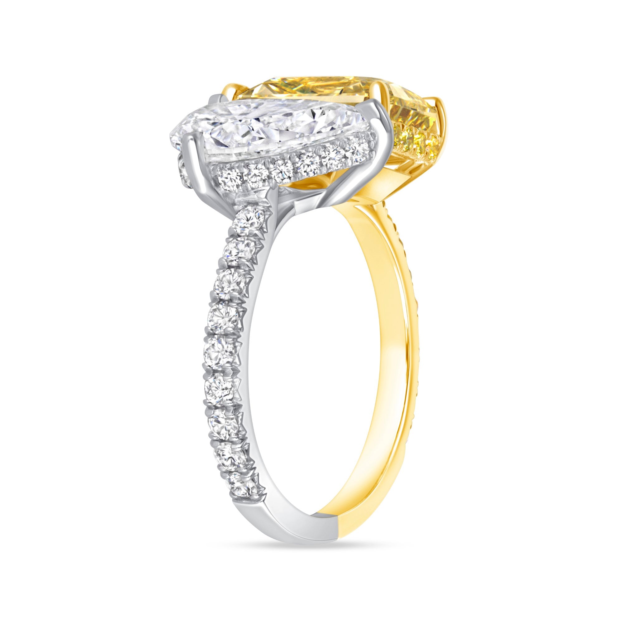 5.84 CT. Radiant Cut Fancy Yellow Diamond &amp; Pear Cut Diamond Toi et Moi Ring with Pavé Band in Yellow Gold and Platinum