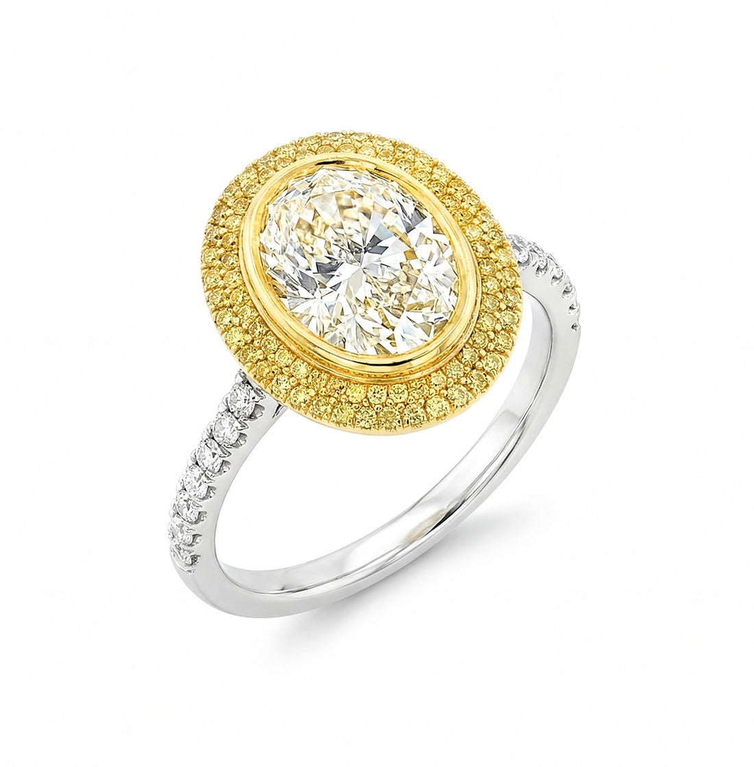 2.06 CT. Fancy Light Yellow Oval Diamond Double Halo Ring in 18K Yellow Gold and Platinum