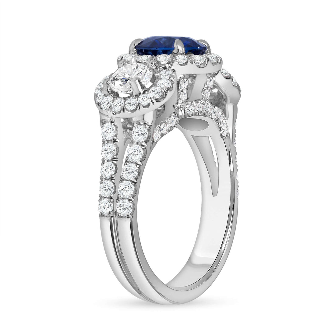 3.05 CT Round Brilliant Blue Sapphire and Diamond Halo Three Stone Ring in Platinum - Three Stone Ring
