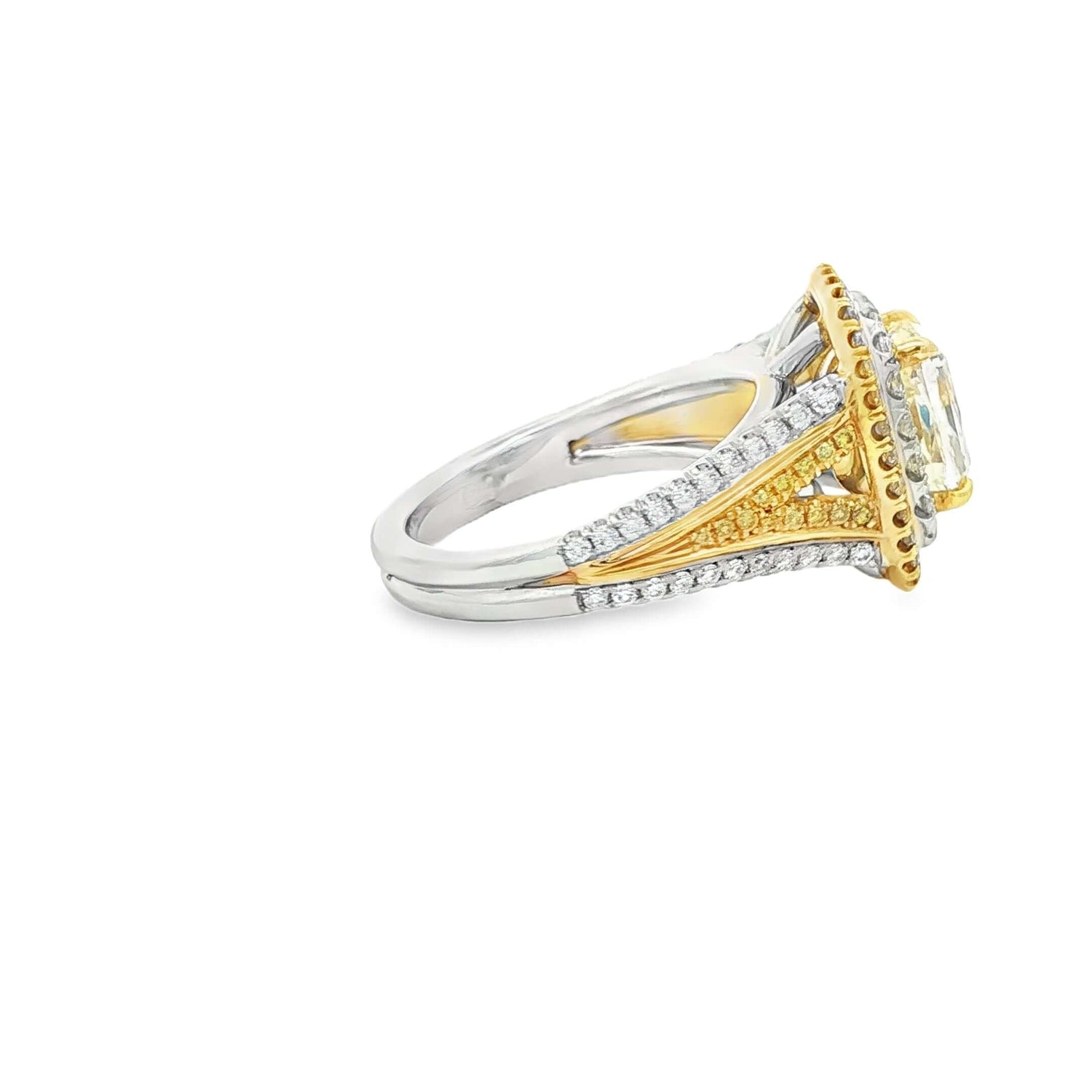 3.14 CT. Fancy Light Yellow Cushion Cut Double Halo Ring in 18K Yellow Gold and Platinum -
