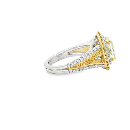 3.14 CT. Fancy Light Yellow Cushion Cut Double Halo Ring in 18K Yellow Gold and Platinum -