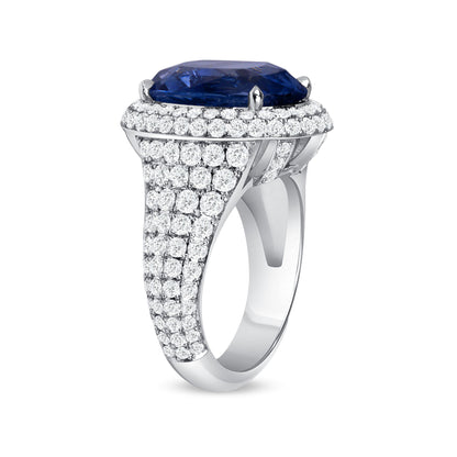 12.35 CT. Oval Cut Blue Sapphire and Round Brilliant Halo Diamond Ring in Platinum