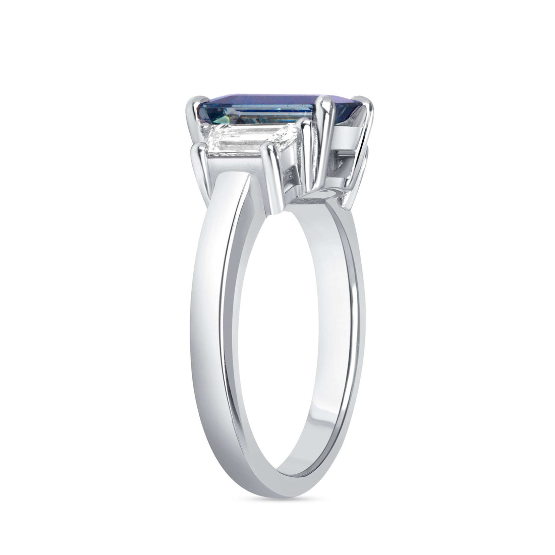 3.44 CT. Emerald Cut Blue Sapphire and Trapezoid Cut Diamond Three Stone Ring in Platinum - Three Stone Ring
