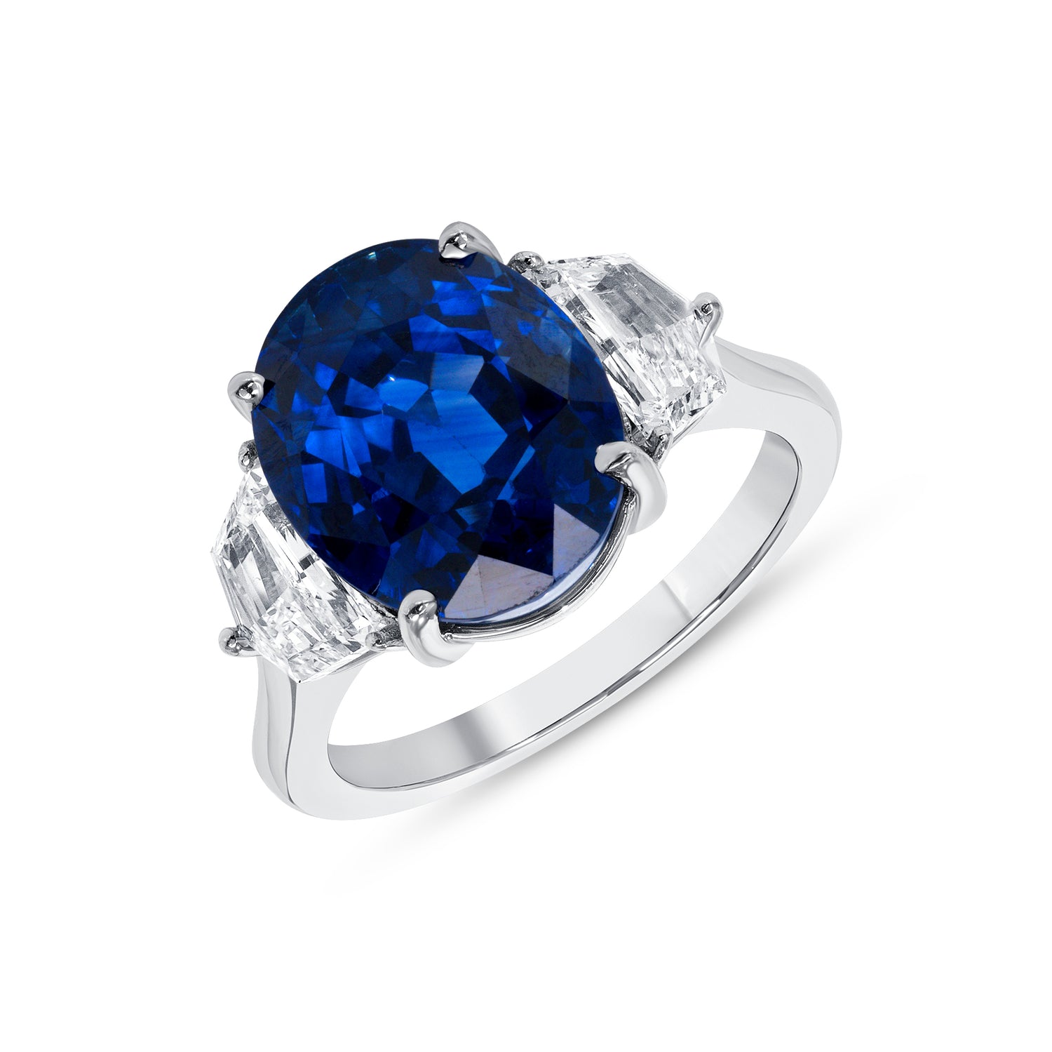 8.93 CT. Oval Cut Blue Sapphire and Half Moon Diamond Three Stone Ring in Platinum