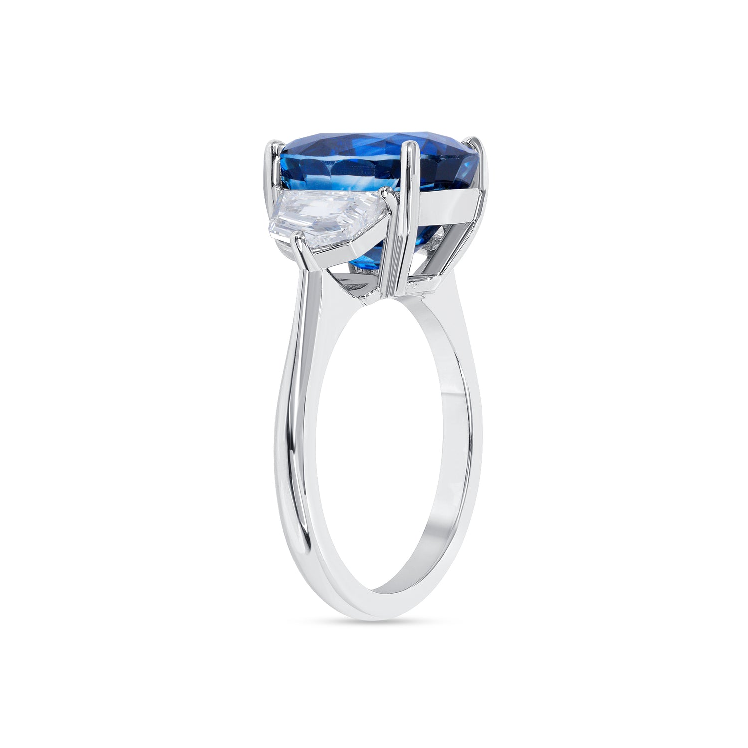 8.93 CT. Oval Cut Blue Sapphire and Half Moon Diamond Three Stone Ring in Platinum