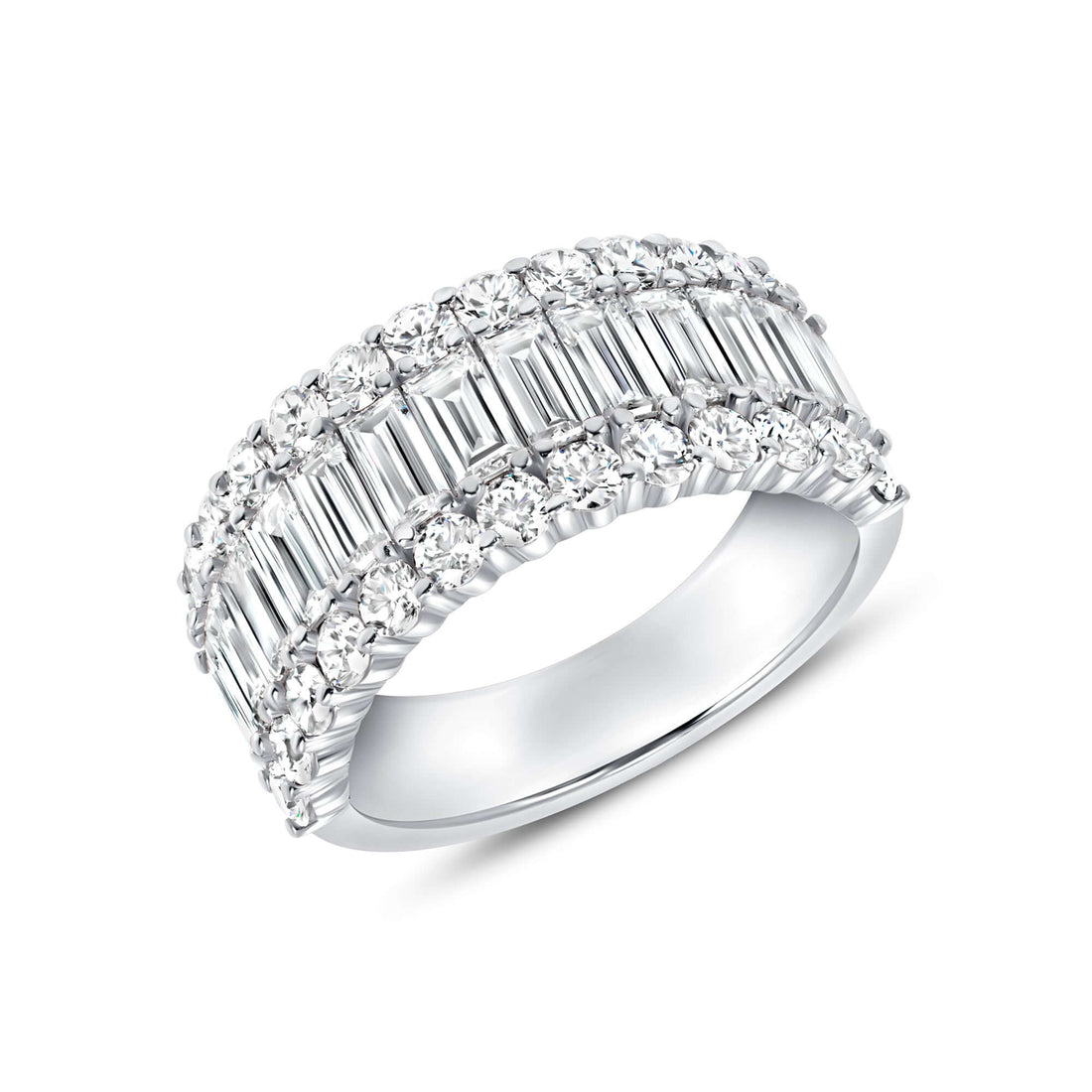 2.92 CT. Baguette and Round Brilliant Cut Diamond Three Row Ring in 18K White Gold - Fashion Ring