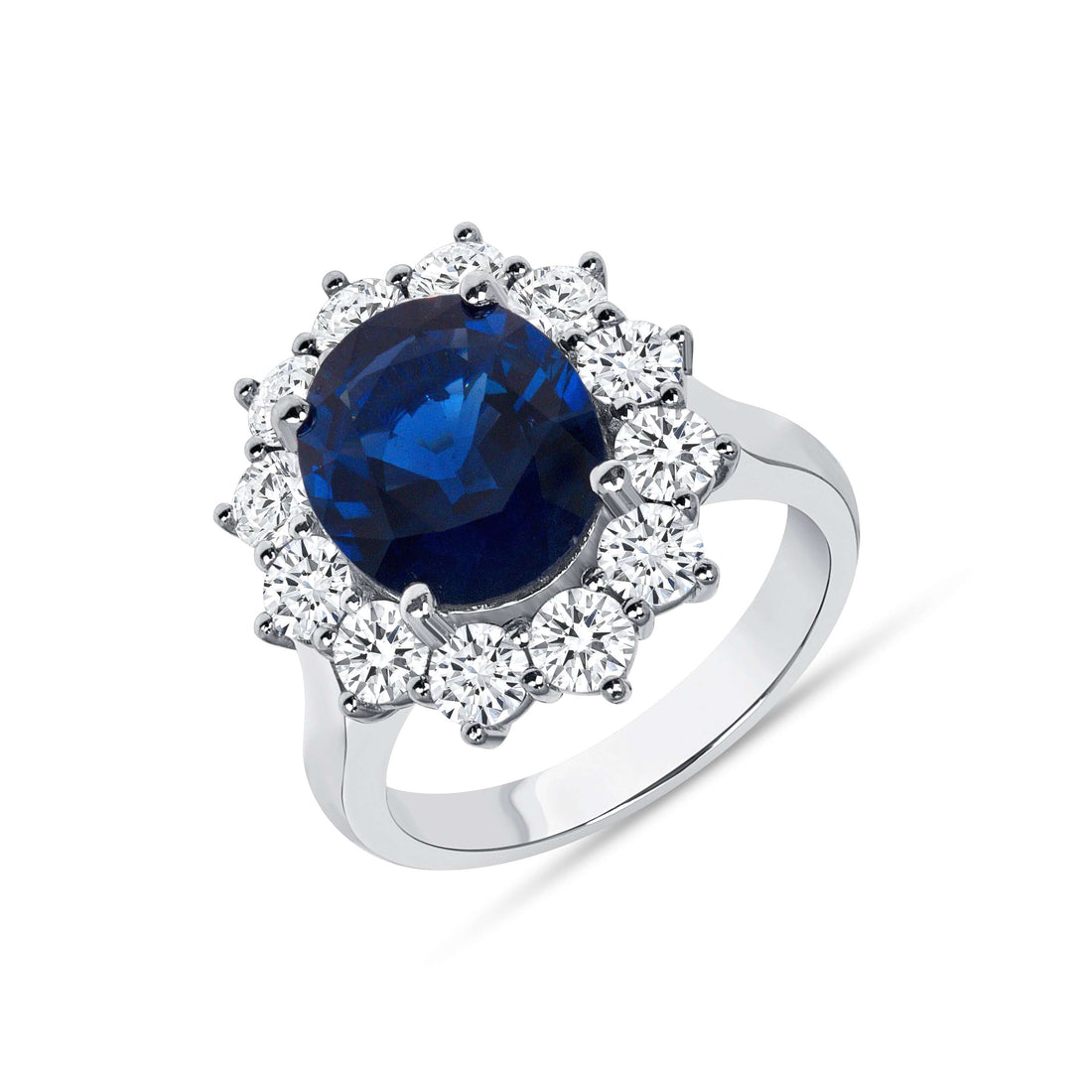 5.96 CT. Oval Cut Blue Sapphire and Round Brilliant Diamond Ring in Platinum - Halo Ring