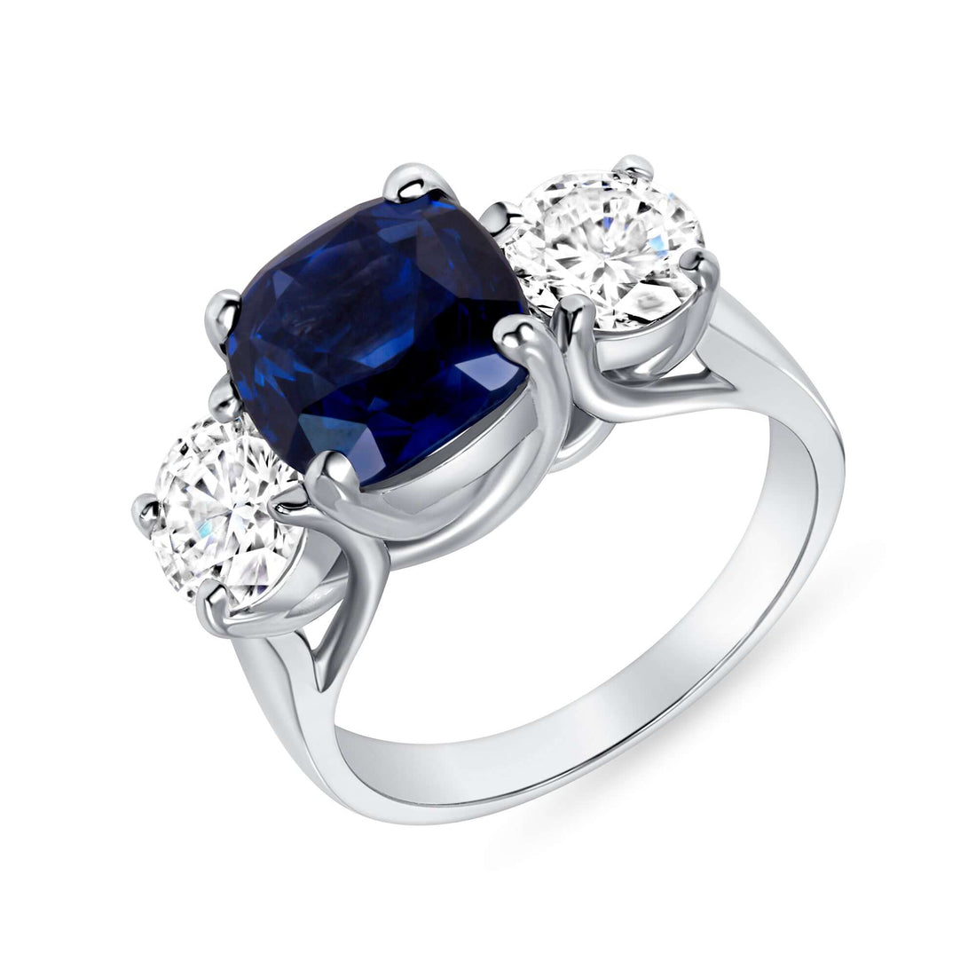5.85 CT. Sapphire & Round Brilliant Diamond Three Stone Ring in Platinum - Three Stone Ring